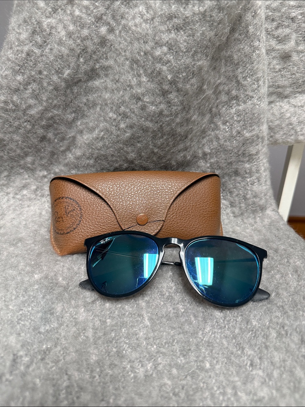 Ray-Ban Black Frame Sunglasses with Blue Reflective Lenses and Brown Case